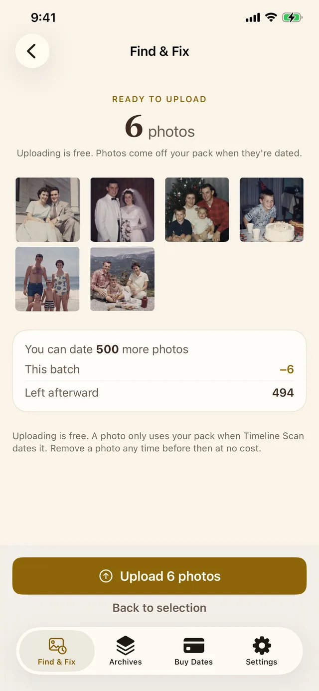 The confirm screen in the Timeline Scan app: Ready to upload, 6 photos, their thumbnails, a card reading You can date 500 more photos with this batch counted against it, and a button reading Upload 6 photos