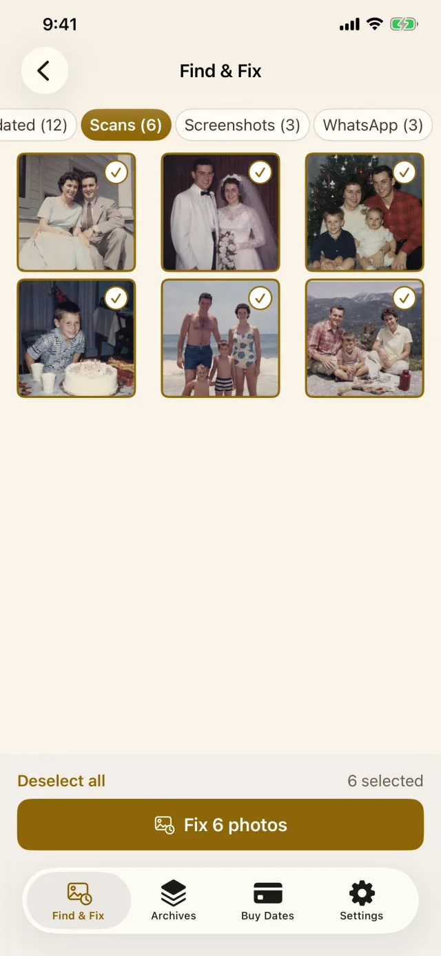 The Find and Fix screen listing scans, screenshots, and WhatsApp saves as separate groups, with six scanned photos selected and a button reading Fix 6 photos