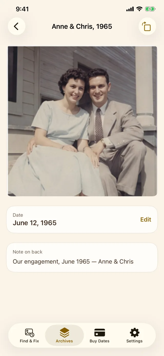 A photo detail screen in the Timeline Scan app titled Anne and Chris, 1965, showing the corrected date June 12, 1965 and the handwritten note read from the back of the print