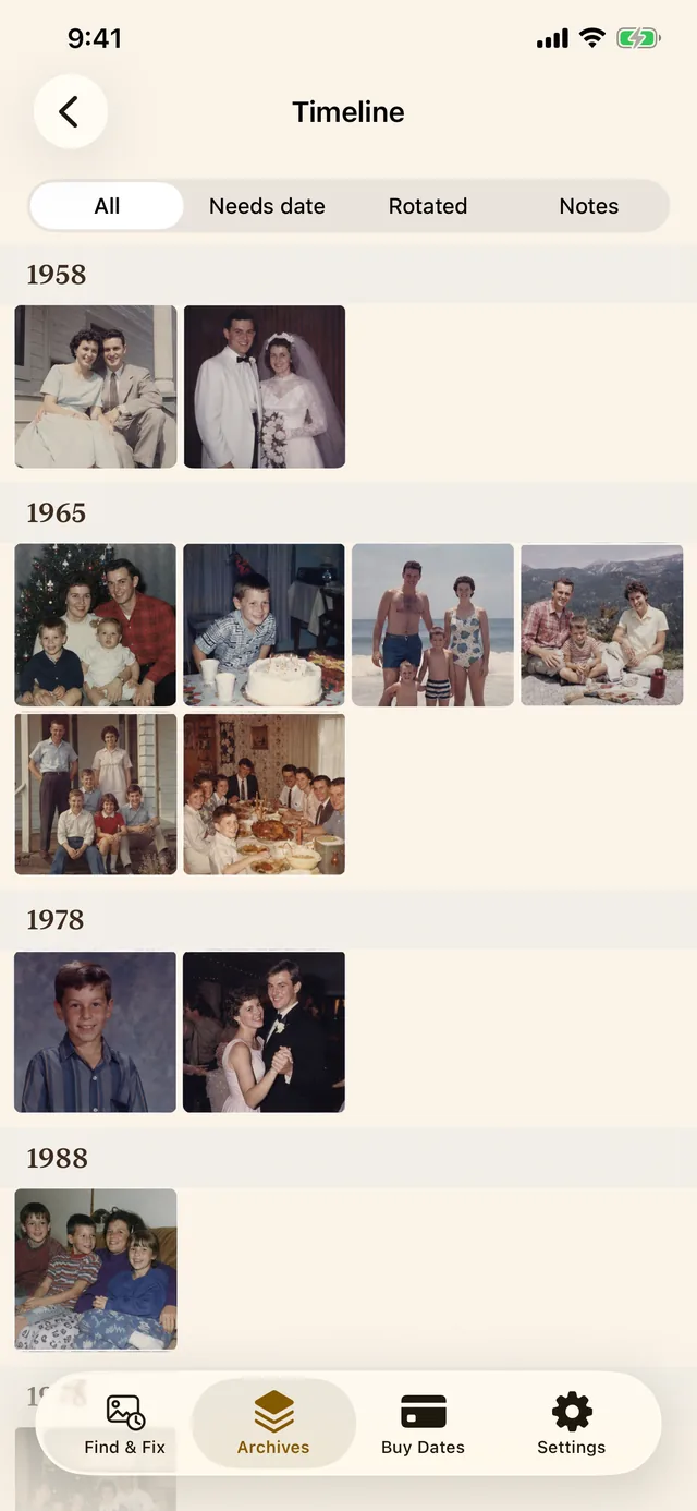 The Timeline Scan app on iPhone showing scanned family photos grouped under the headings 1958, 1965, 1978, and 1988