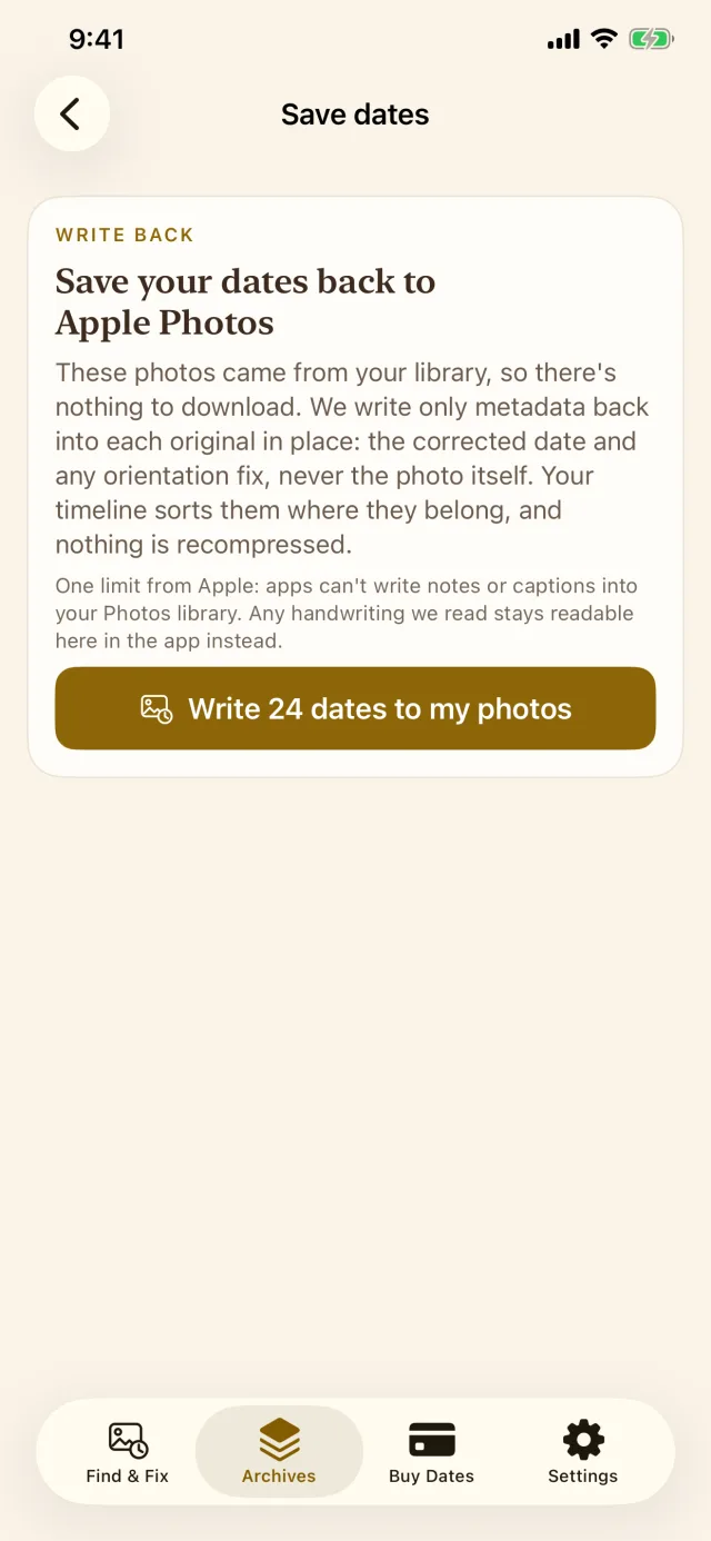 The Save dates screen explaining that only metadata is written back into each original in place, with a button reading Write 24 dates to my photos