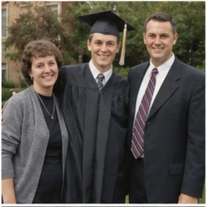 A graduate in cap and gown standing outdoors between his parents