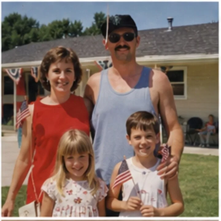 A family of four outside a house hung with bunting, the children holding small flags