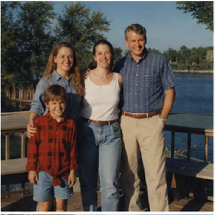 A family of four standing on a wooden dock with a lake behind them