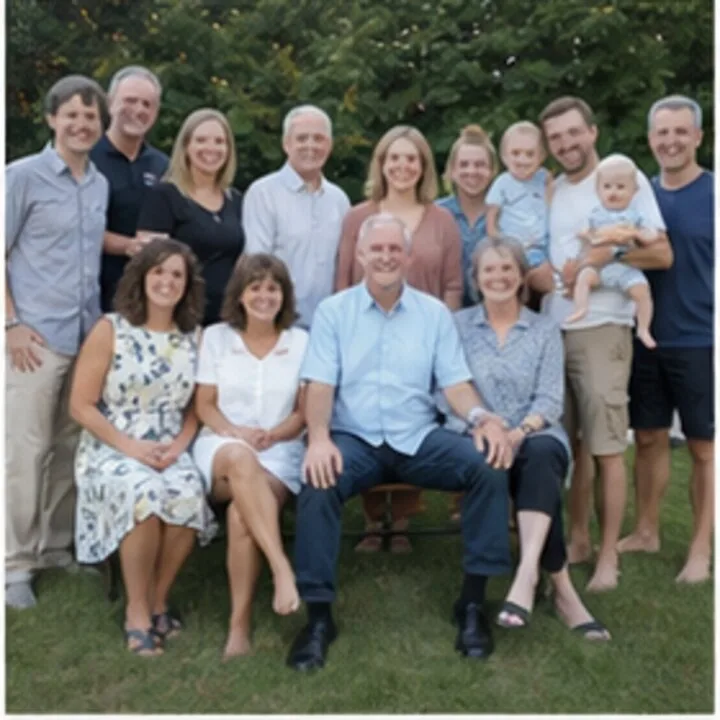 A large extended family posed on a lawn in front of trees