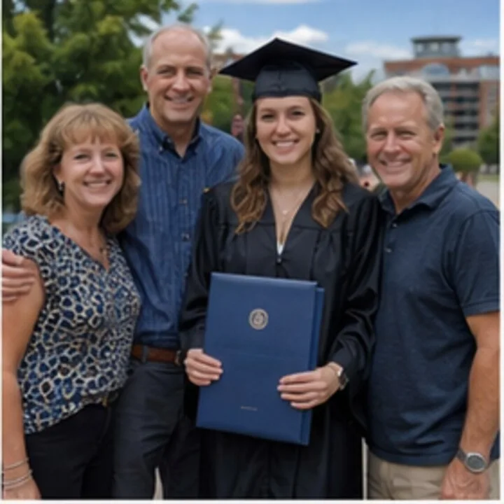 A graduate holding a diploma folder outdoors with three family members