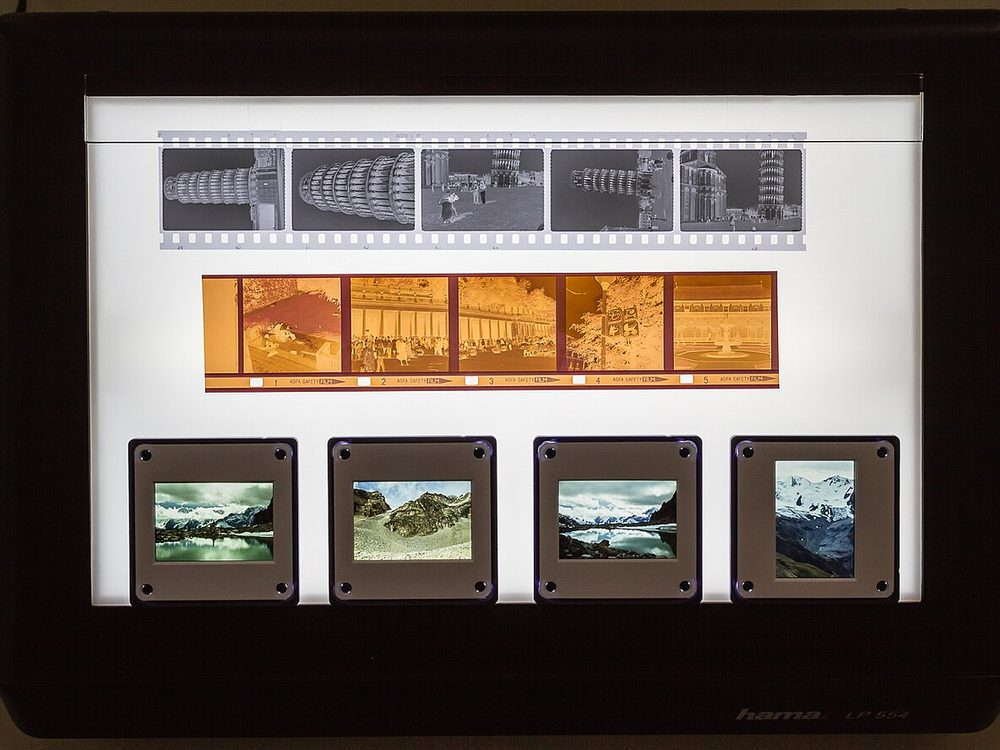 Developed 35mm color and black-and-white negative strips on a lightbox