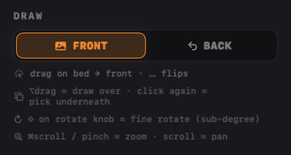 The sidebar draw-side switch set to FRONT with gesture hints listed beneath it