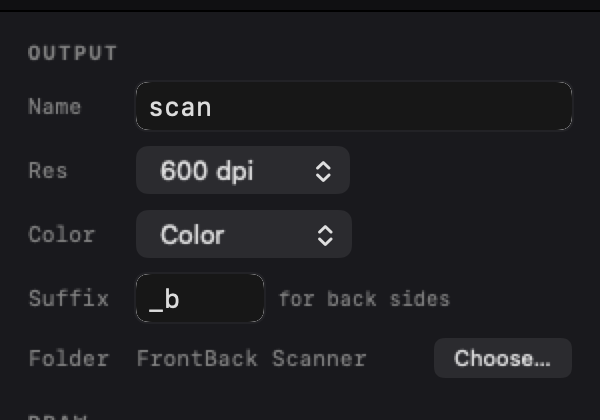 The sidebar output settings: name, resolution, color mode, back suffix, and folder