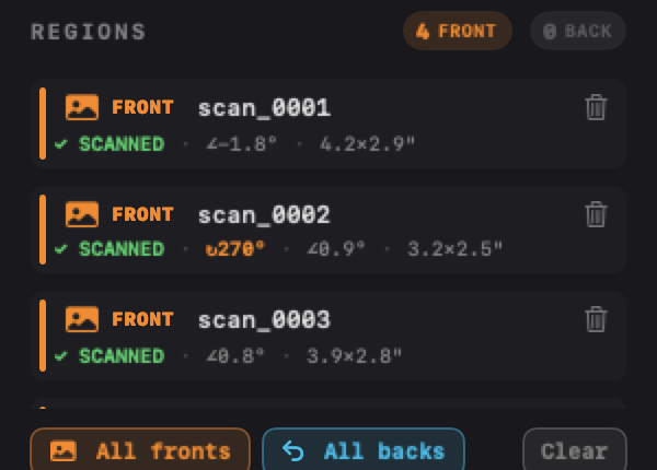 Region rows in the sidebar showing green SCANNED checks, an amber auto-rotate capsule, tilt and size readouts