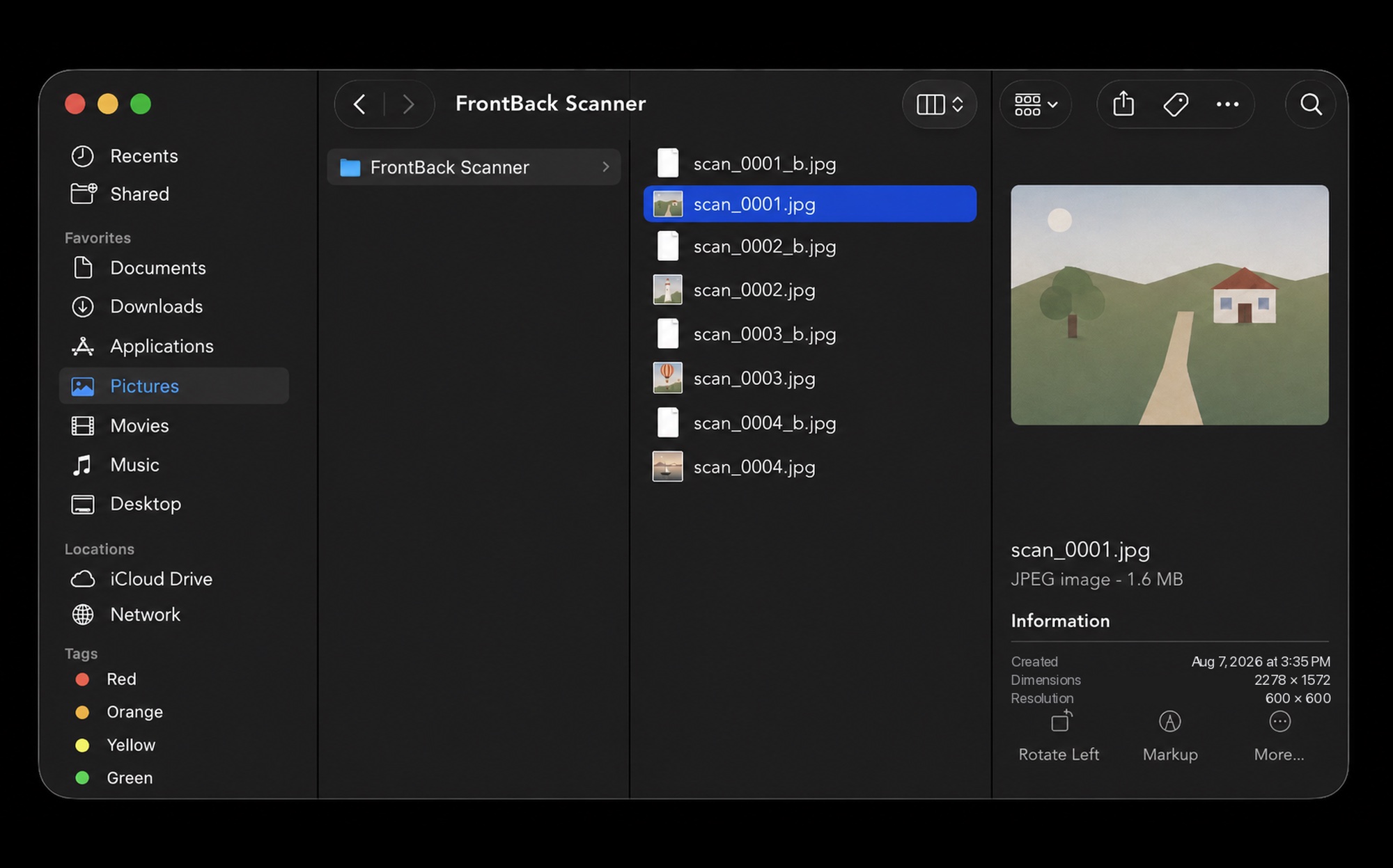 A Finder window on the FrontBack Scanner output folder: scan_0001.jpg through scan_0004.jpg each sitting beside its scan_0001_b.jpg back, with scan_0001.jpg selected and its preview showing 2278 by 1572 pixels at 600 dpi
