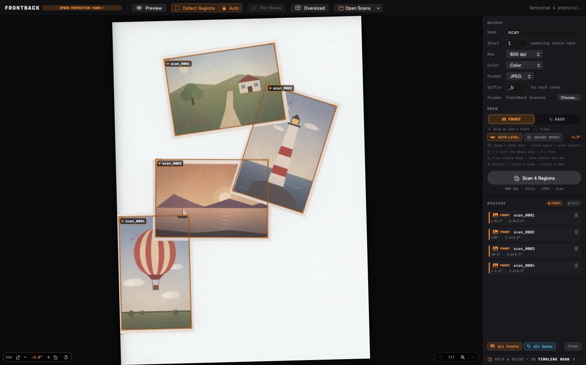 A scanner bed with four prints laid down overlapping each other, corner over corner; FrontBack Scanner has boxed each one separately and the toolbar reads Detected 4 photo(s)