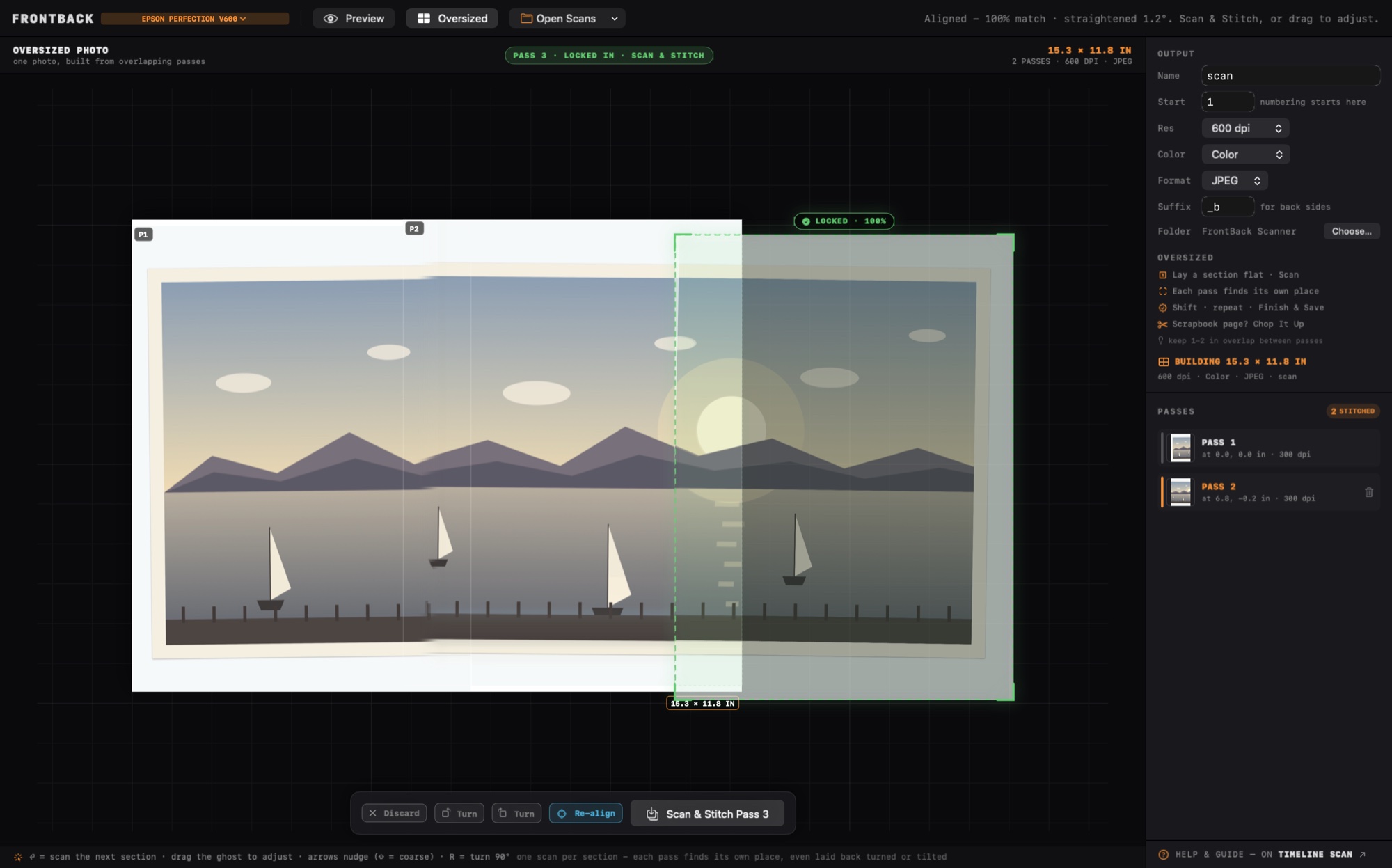 Oversized mode: a panoramic photo too wide for the scanner, built from two stitched passes on the assembly table, with the third pass shown as a green ghost locked in at a 100% match and a Scan and Stitch Pass 3 button waiting
