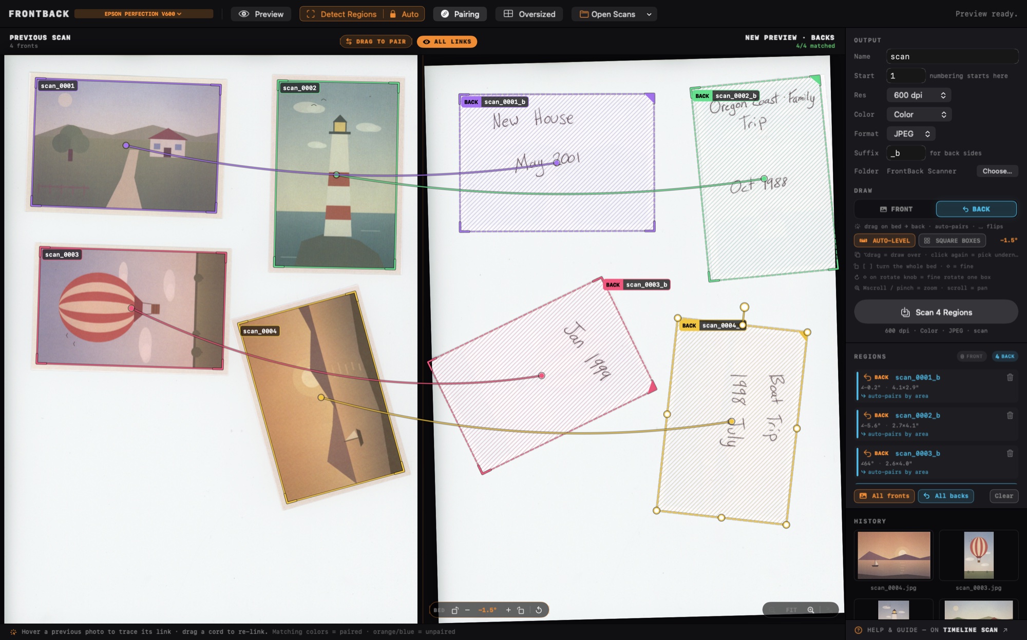 Pairing mode: the previous scan's four fronts on the left bed, the flipped handwritten backs on the right, each matched pair joined by a colored cord, header reading 4 of 4 matched