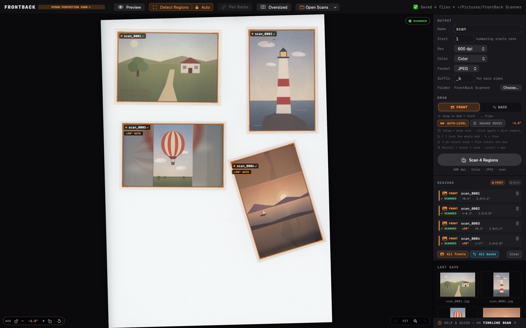 After scanning: a green SCANNED seal on the bed, green checks beside each region in the sidebar, and the finished files' thumbnails in the Last Save strip, each one cropped and turned upright