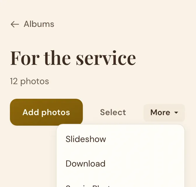 An album called For the service, 12 photos, with its More menu open on Slideshow and Download
