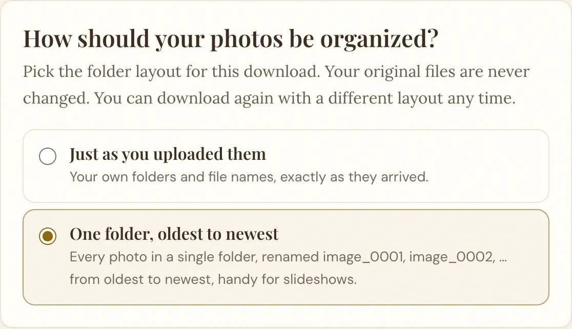 The download page's folder choices, with One folder, oldest to newest picked: every photo in a single folder, renamed image_0001, image_0002 and on, from oldest to newest