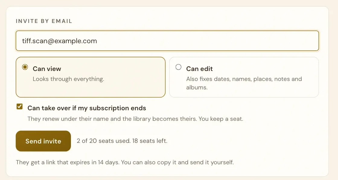 The Family page's invite card: an email address typed in, a choice of Can view or Can edit, and a Send invite button with 18 of 20 seats left
