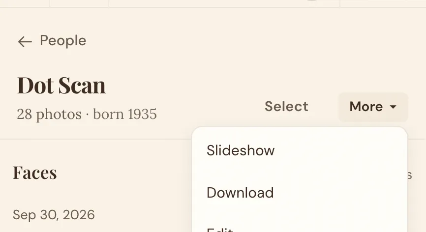 Dot Scan's page, 28 photos, born 1935, with its More menu open on Slideshow and Download