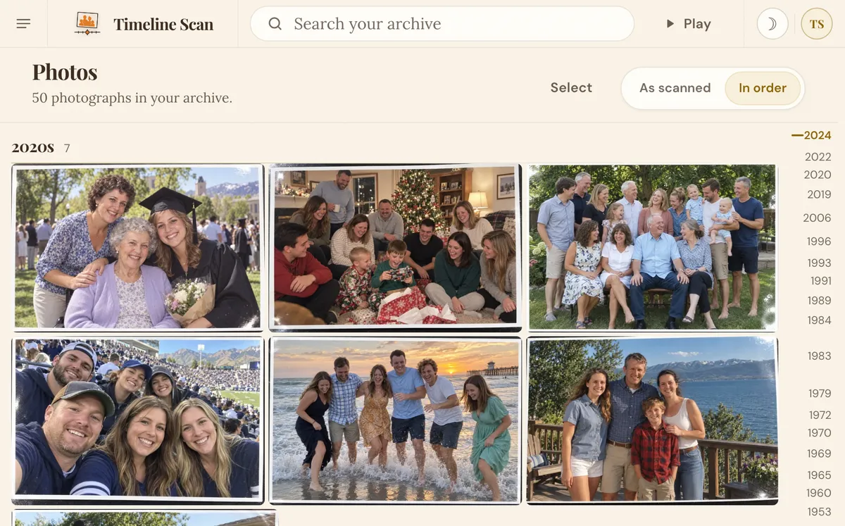 The Photos page with fifty photographs in date order, and the Play button at the top beside the search box