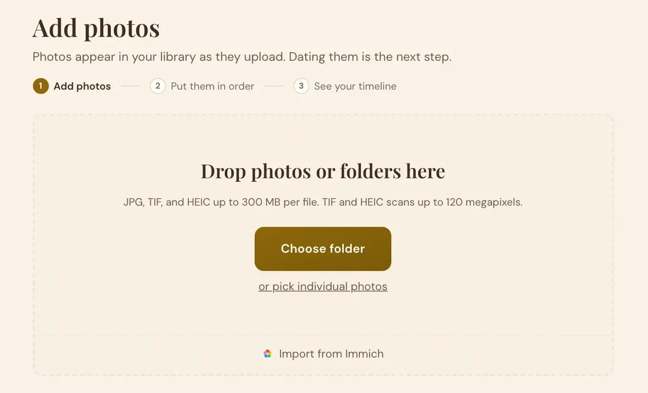 Timeline Scan's Add photos page: a large area to drop photos or folders, with a Choose folder button