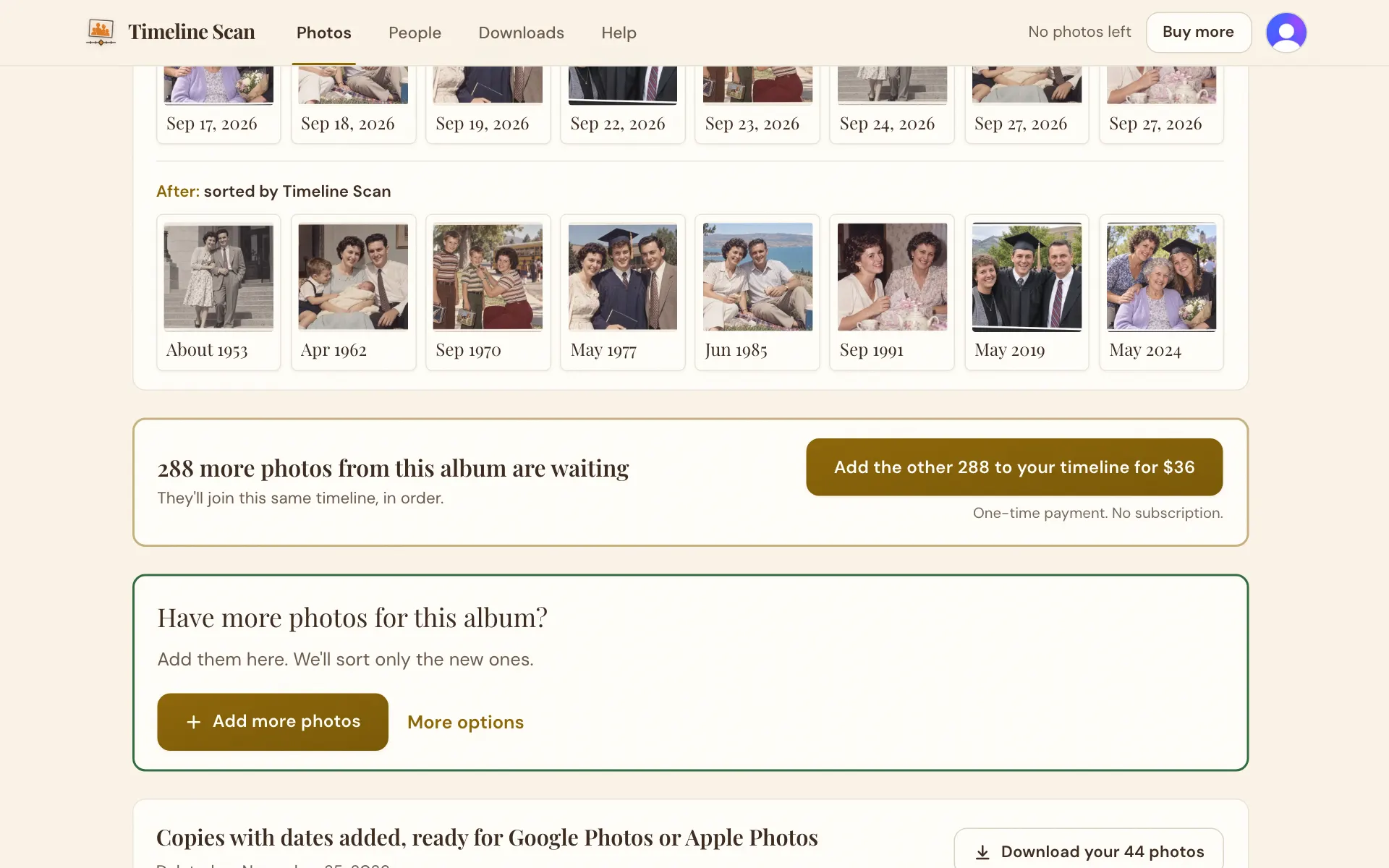 An album's results saying more photos are waiting, with the button that adds the rest for a price