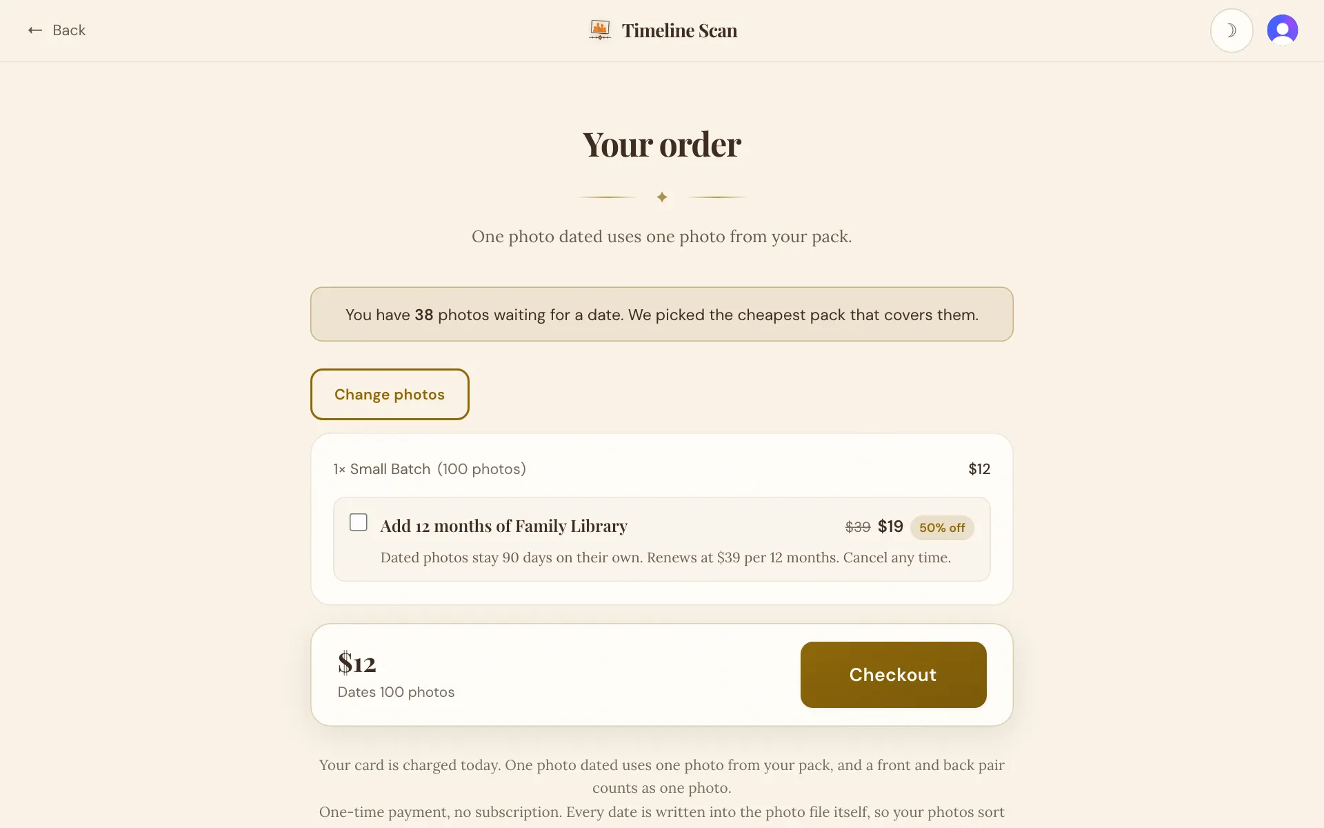 The order to review, with Change photos above it and the Checkout button