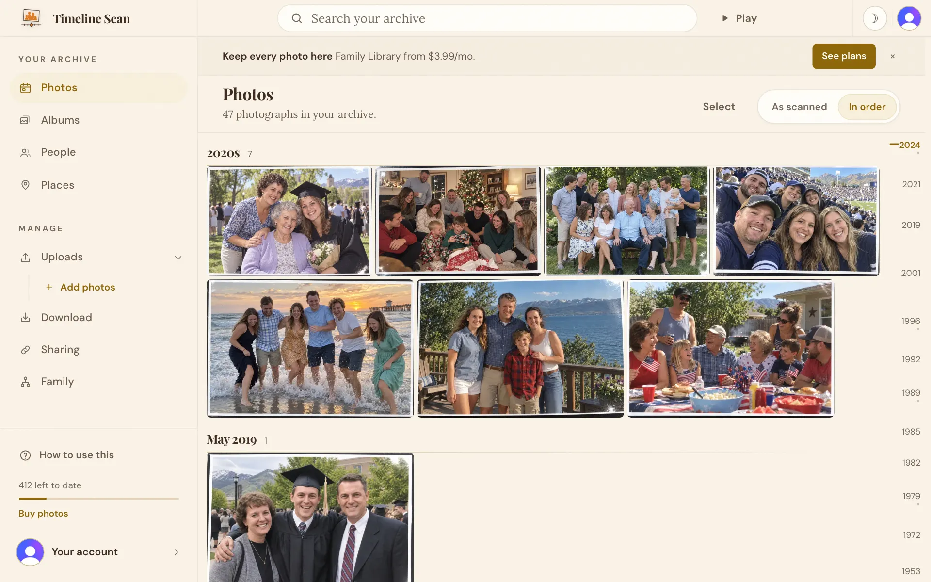 The foot of the sidebar reading the photos left to date, with Buy photos under it