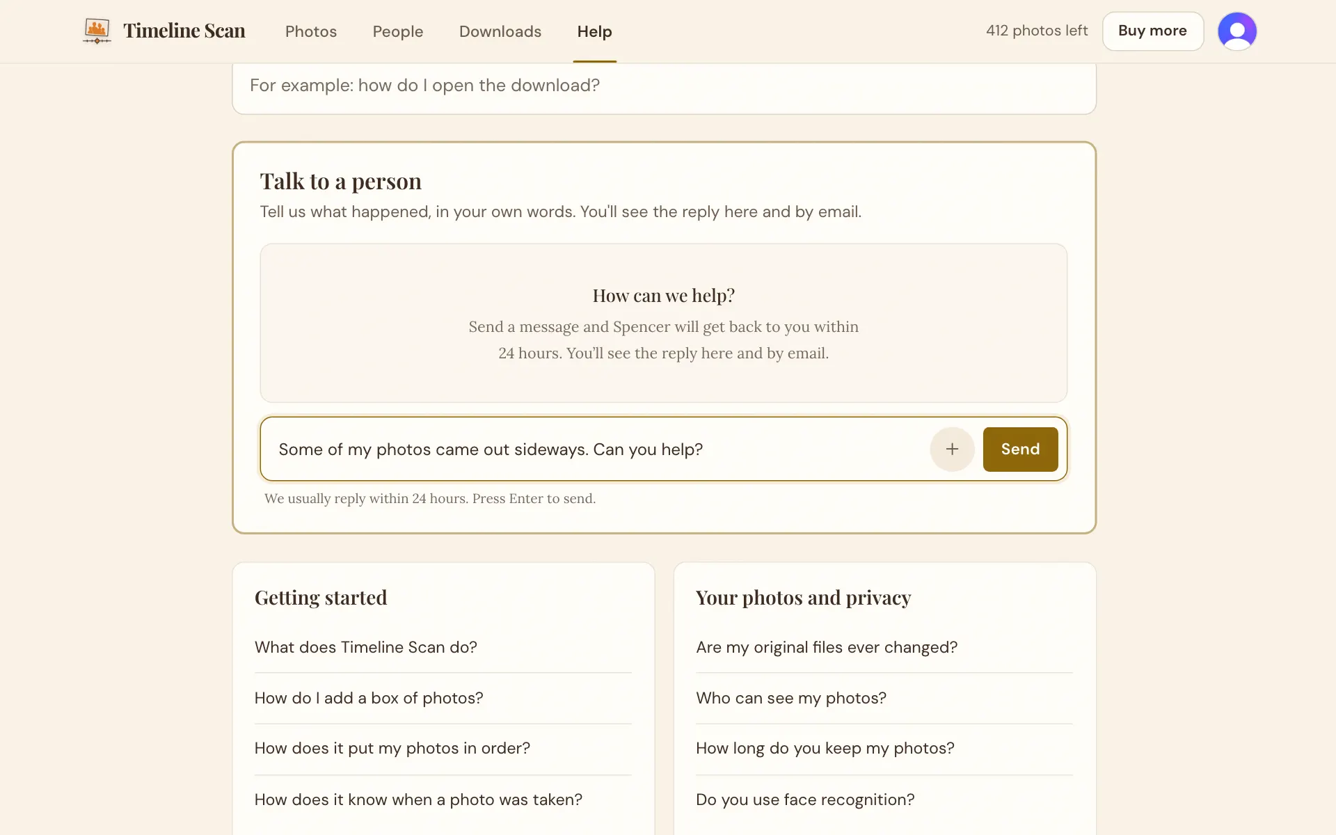 The Help page's Talk to a person box, with a message typed and Send