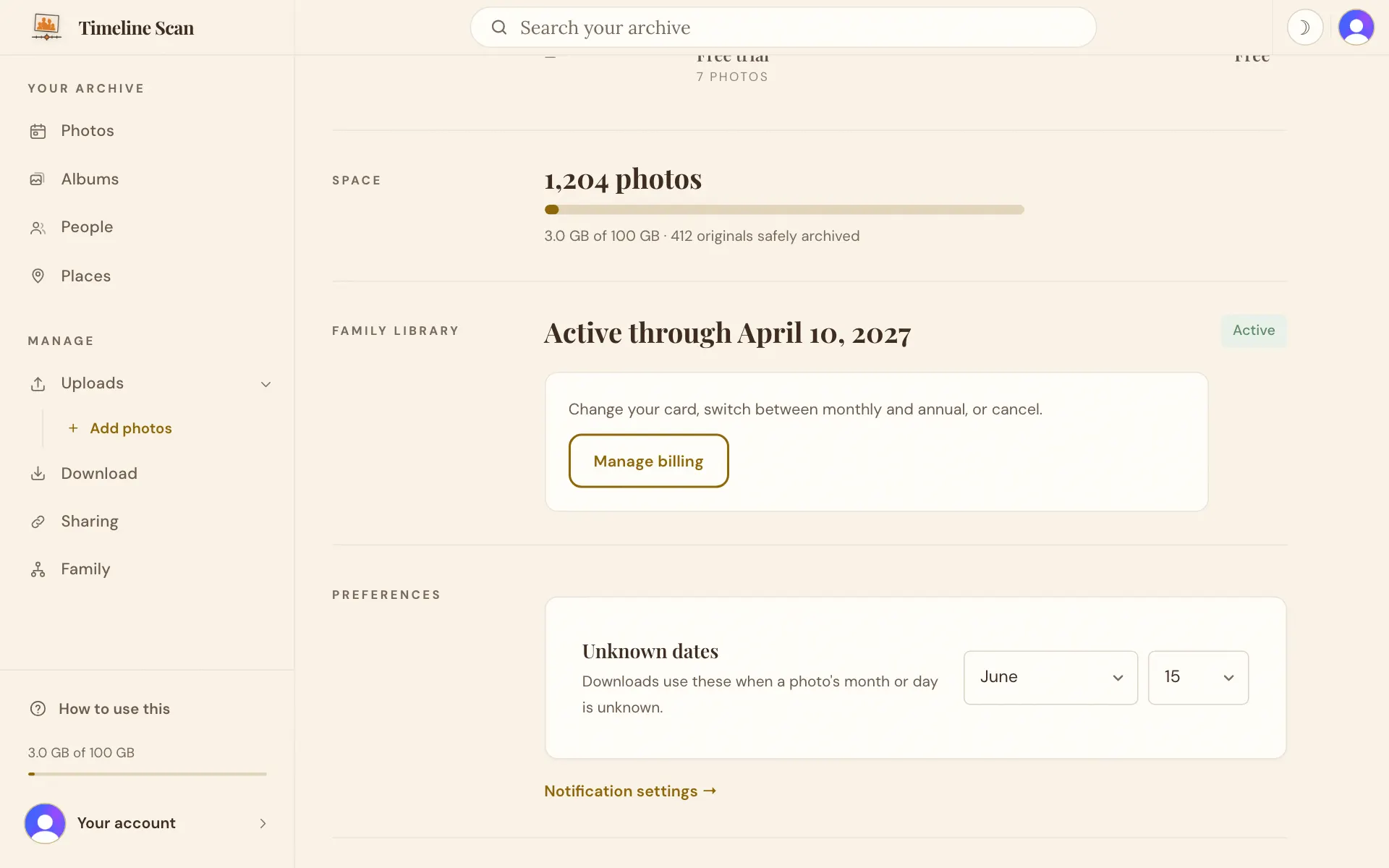 The plan row with a Manage billing button
