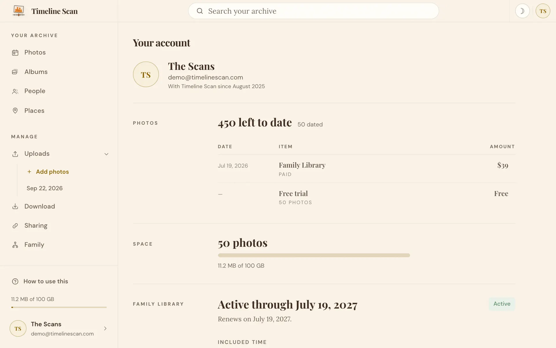 The account page: photos left to date, what you bought, the space used and the plan