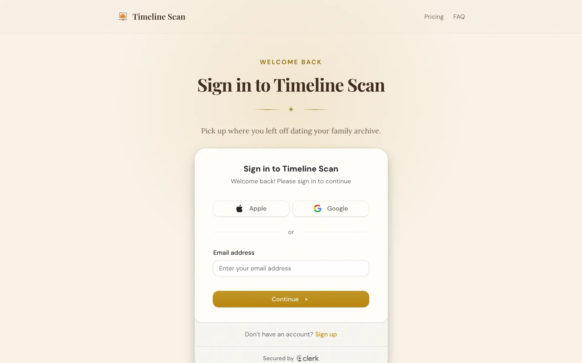 The Timeline Scan sign-in page: Apple, Google, or your email address and Continue