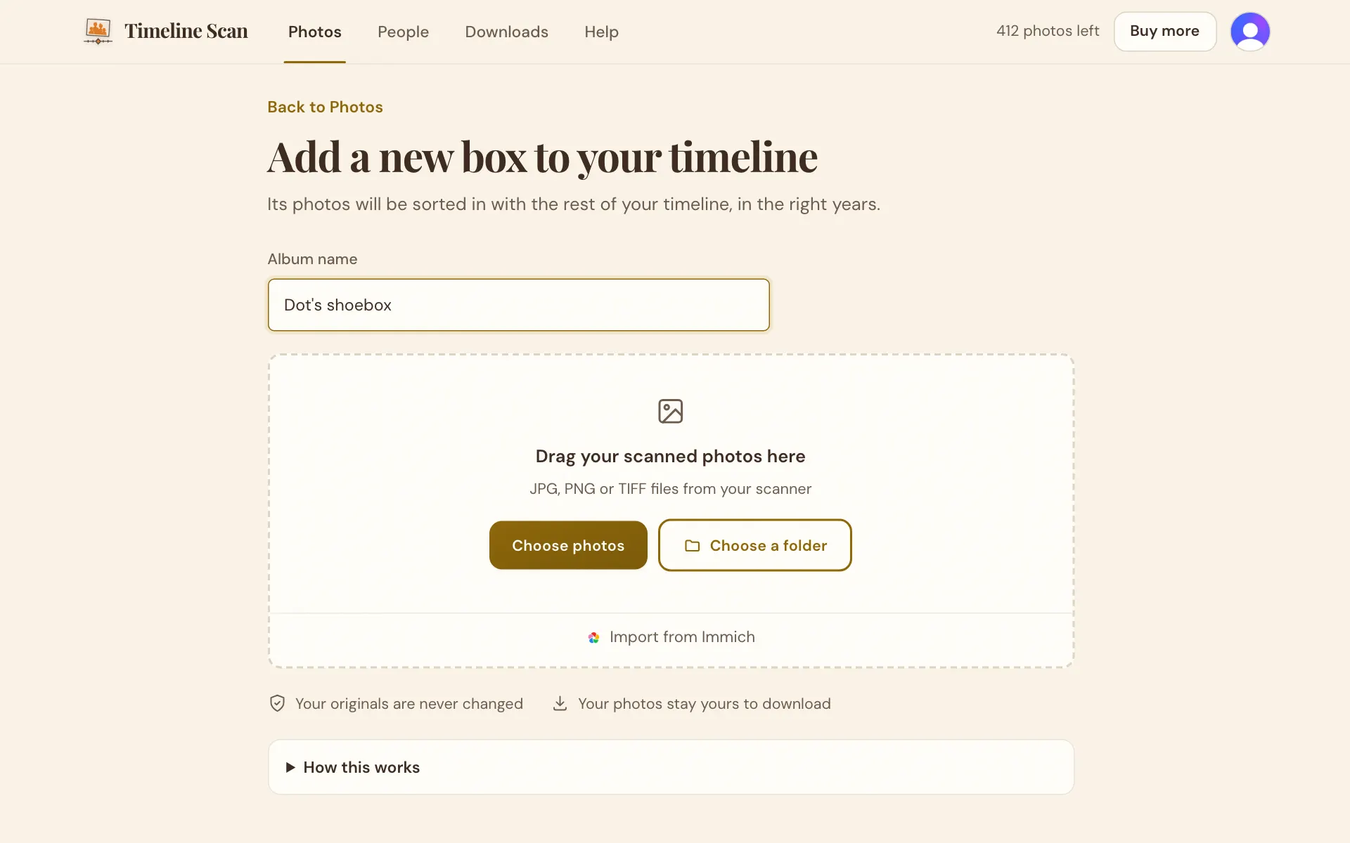 The Add photos page with Dot's shoebox typed as the album name