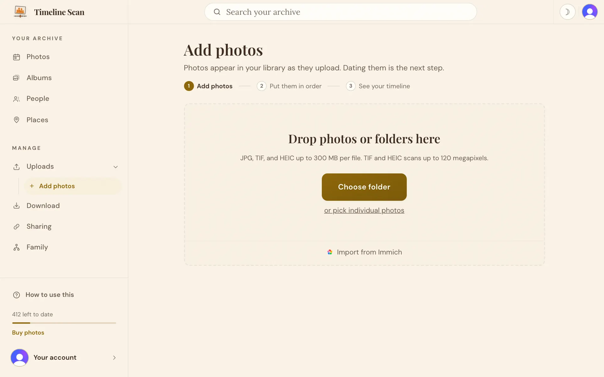 The upload page with a large drop area and a Choose folder button in it