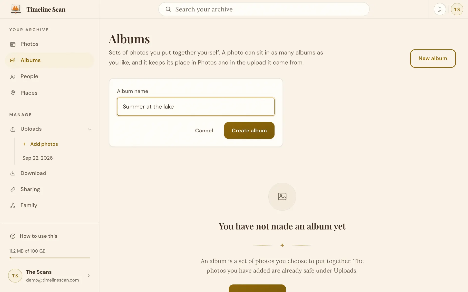 The new album form with Summer at the lake typed as its name
