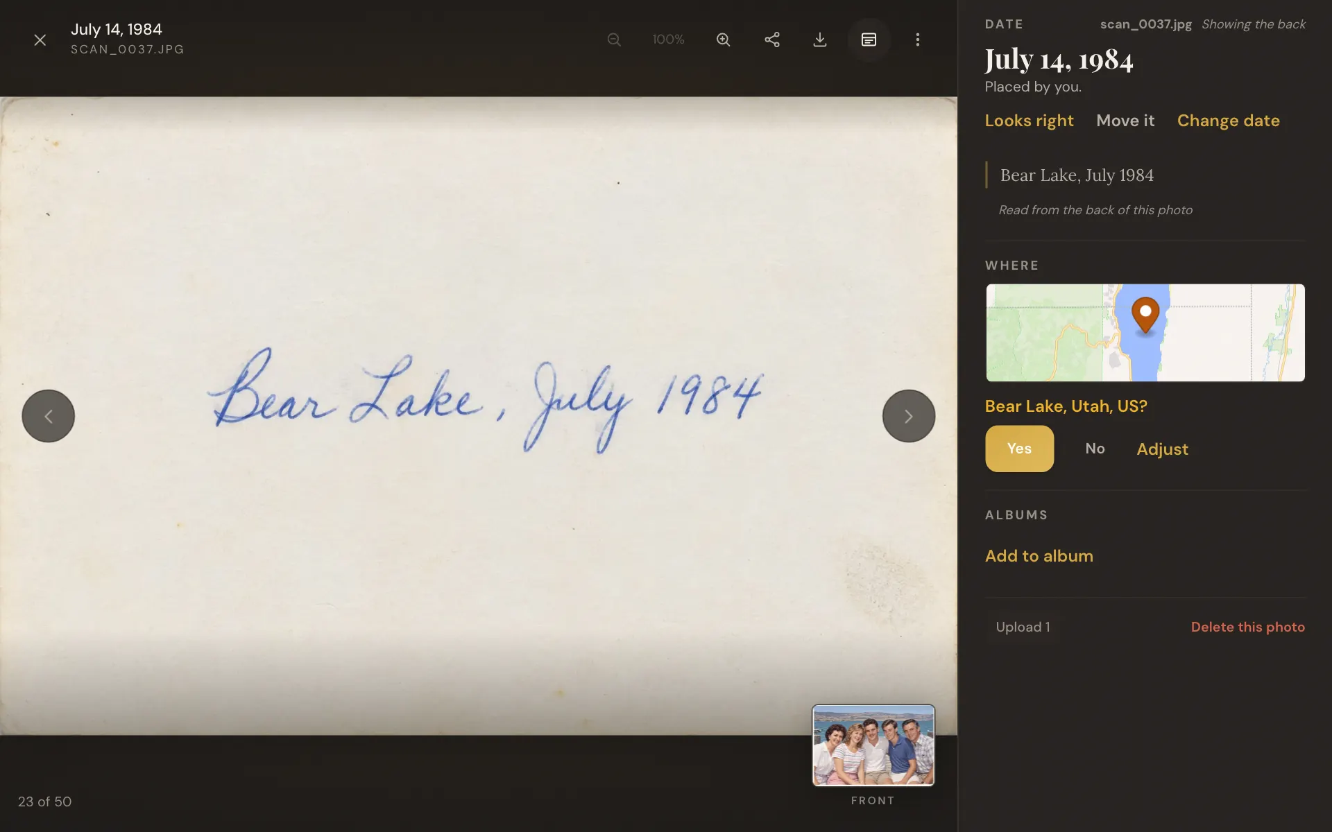 The scanned back of the print, its handwriting above an editable note field