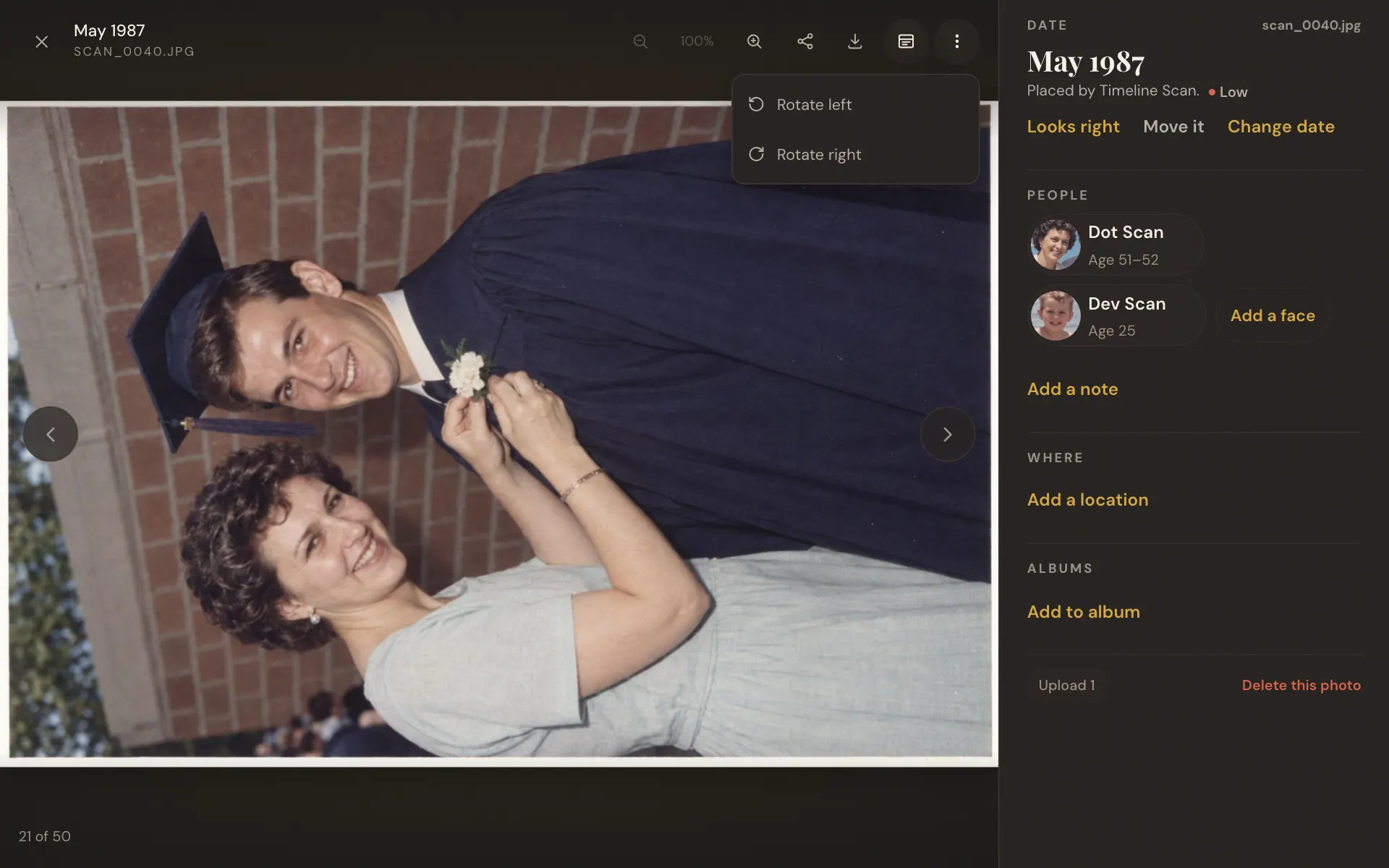 The photo's three-dot menu open with Rotate left and Rotate right