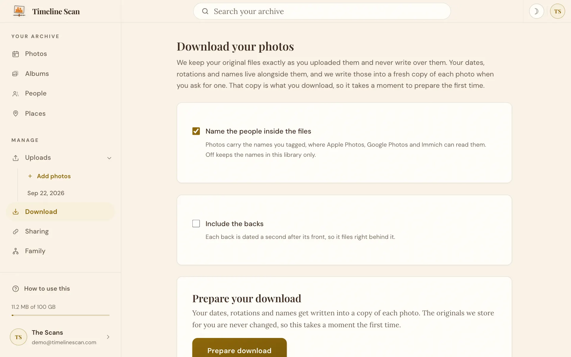 Two download choices: the people's names inside the files, ticked, and Include the backs