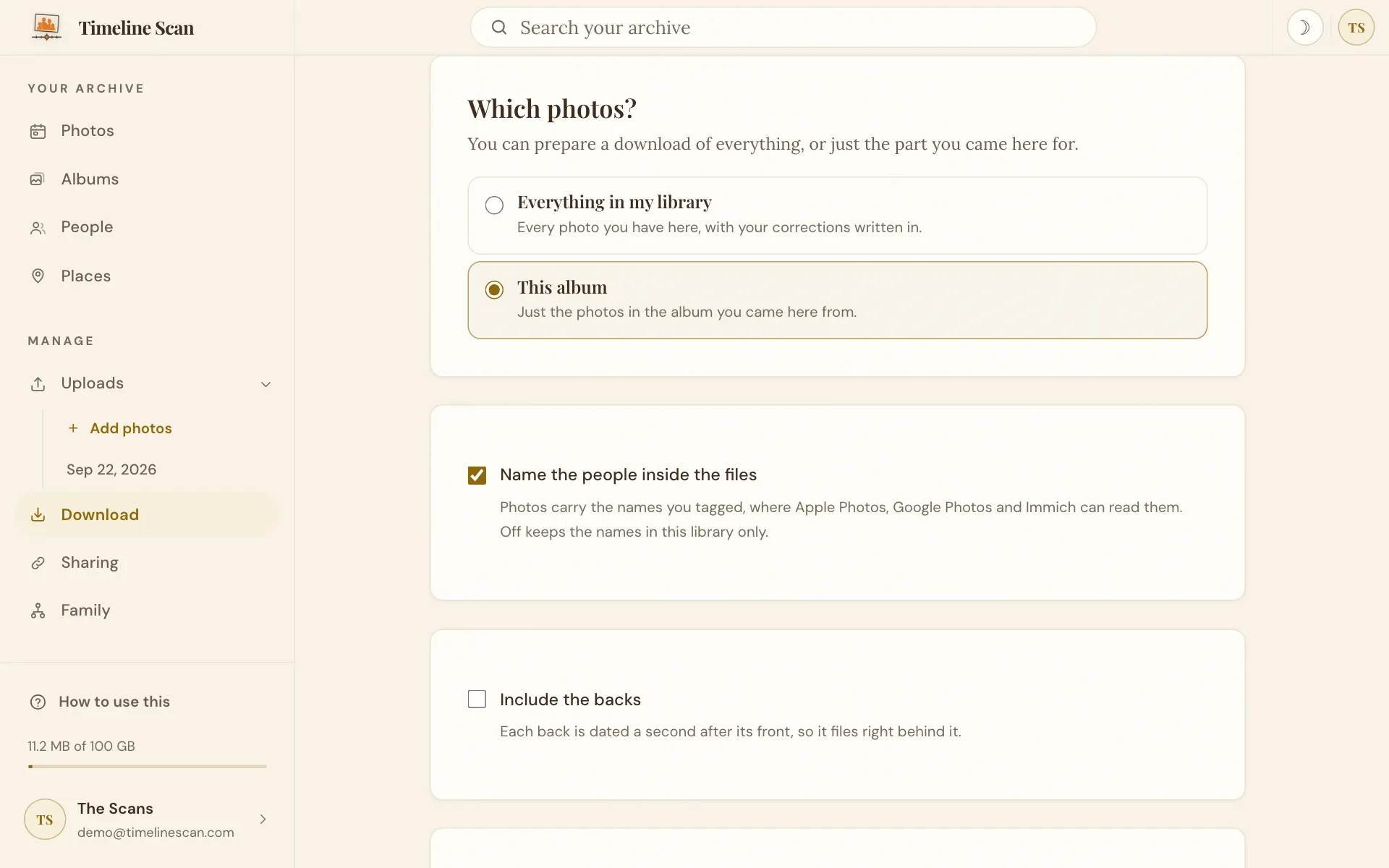 The Download page's picker for everything or a single upload