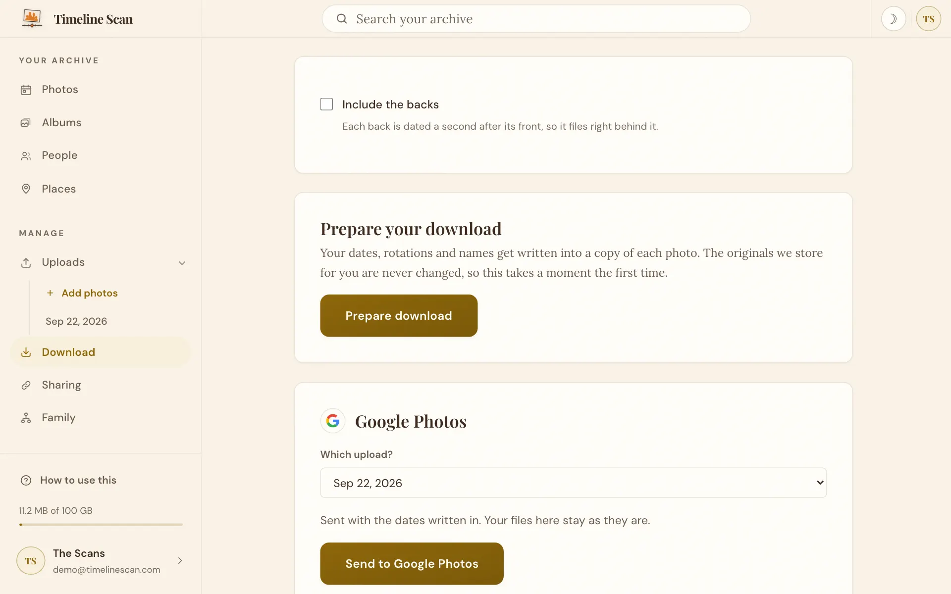 The Download page with its Prepare download button