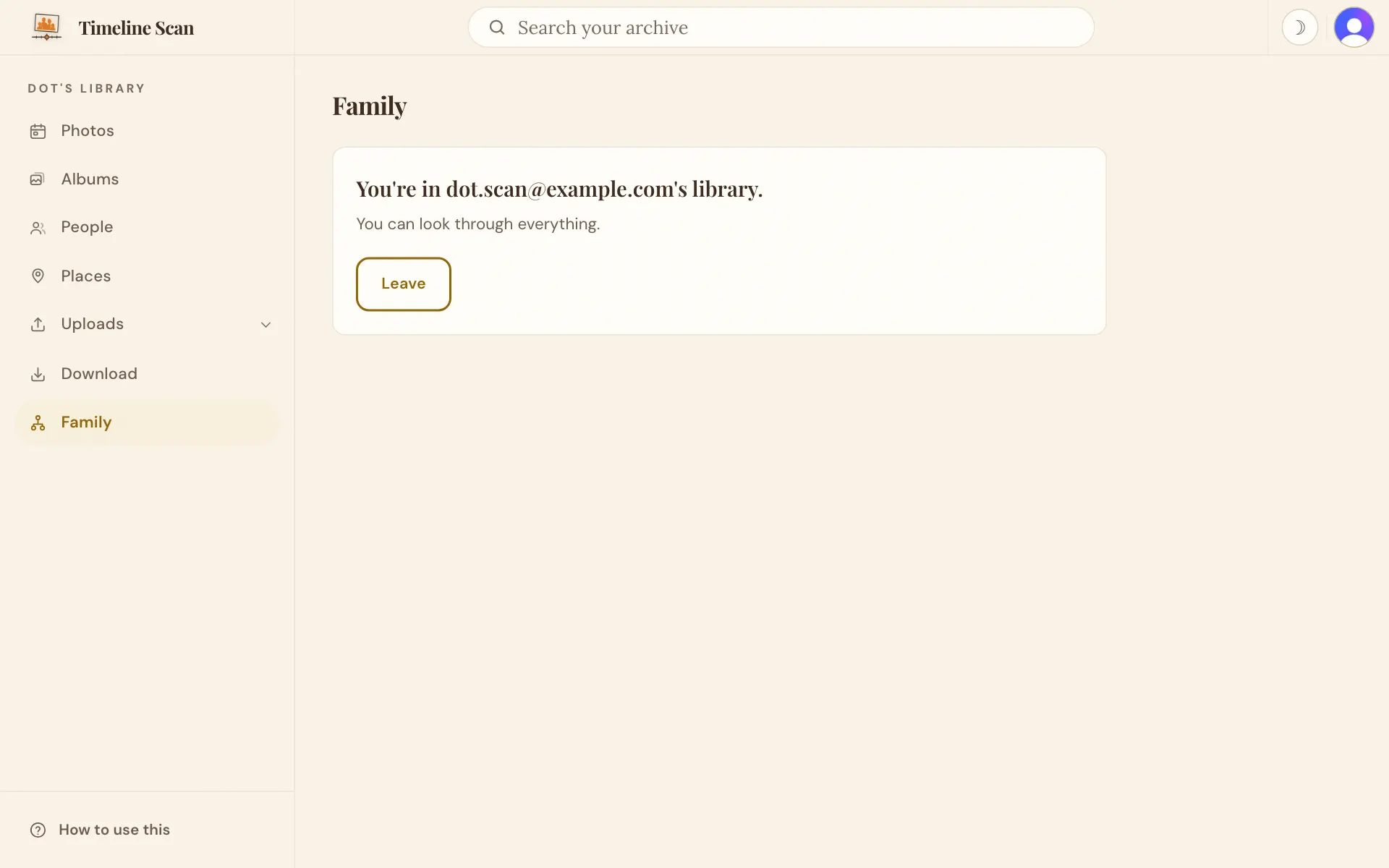 The Family page of a member, saying whose library this is, with a Leave button