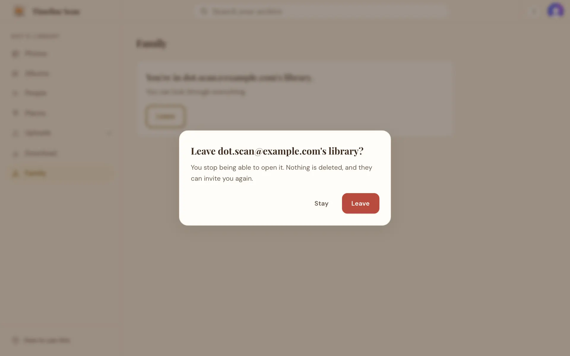 A box asking to leave the library, saying nothing is deleted, with Leave and Stay