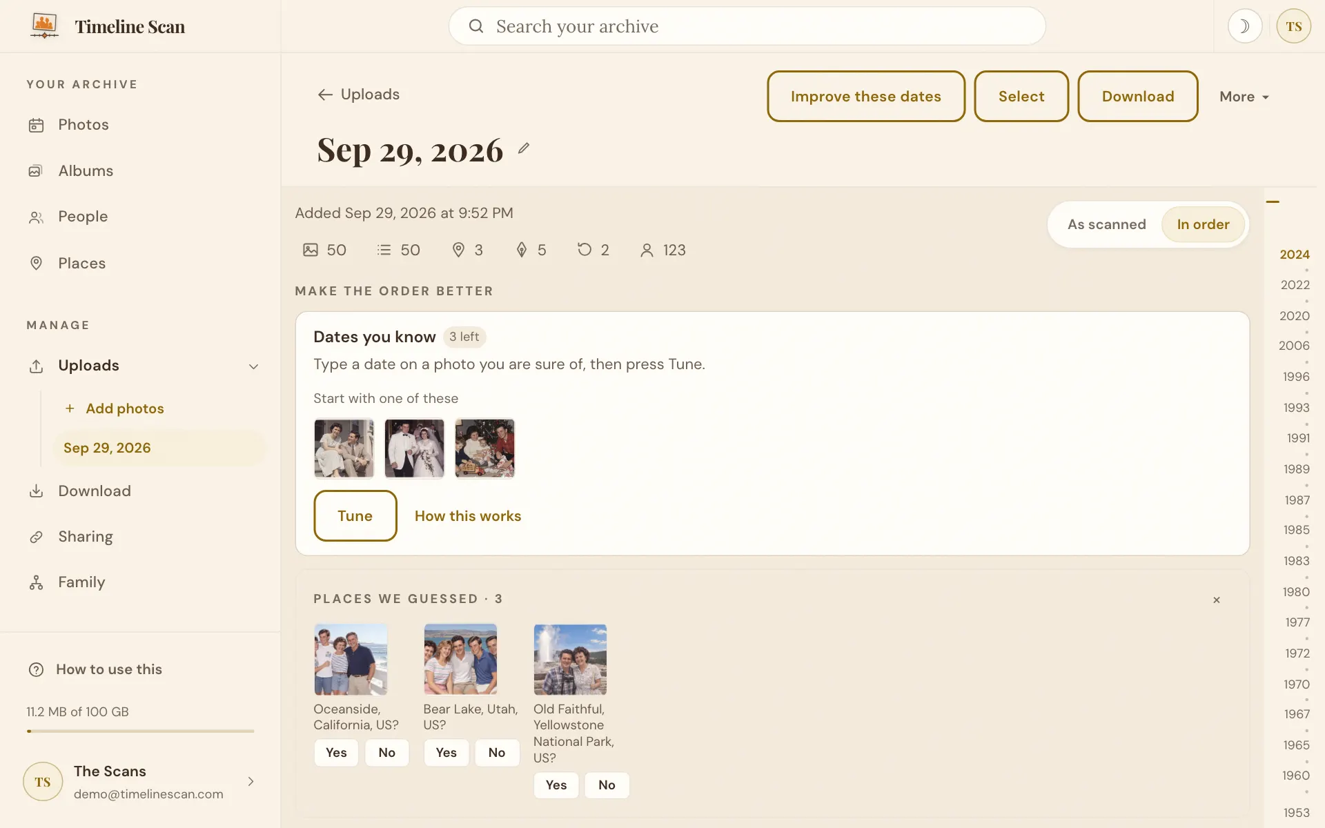 The upload's Dates you know card, which re-tunes the other photos from the dates you typed, with its Tune button