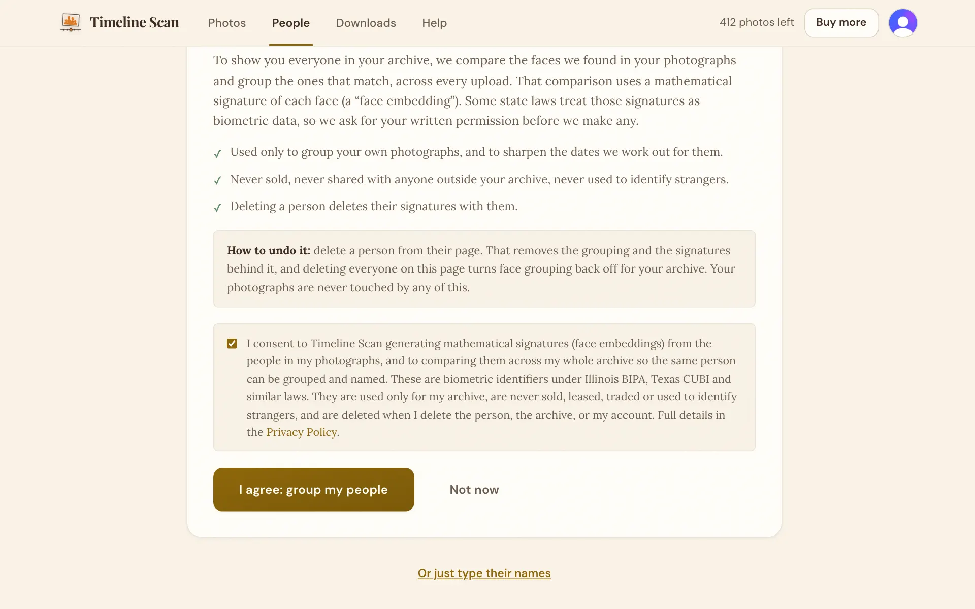 The People page's one-time permission: a box to tick and the I agree button