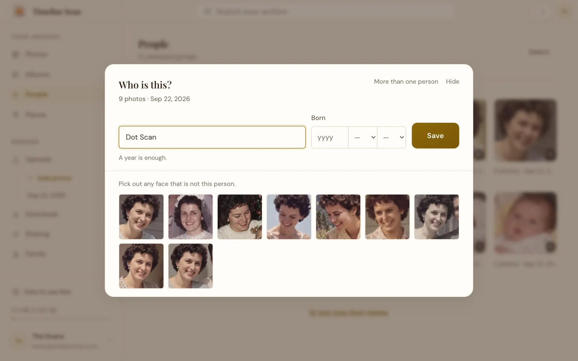 A face group open in a sheet with a name being typed into its name field