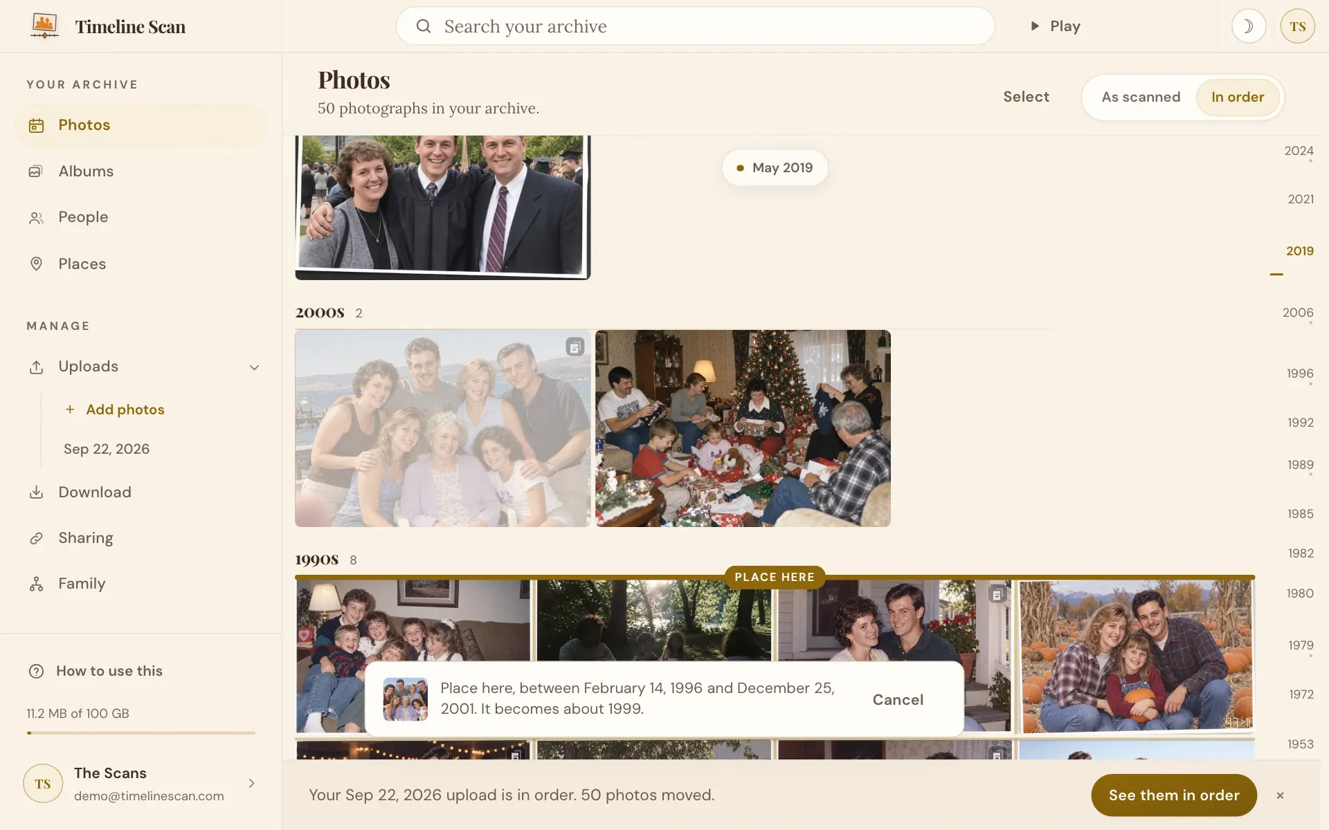 The timeline with the photo picked up and a line between two rows reading Place here