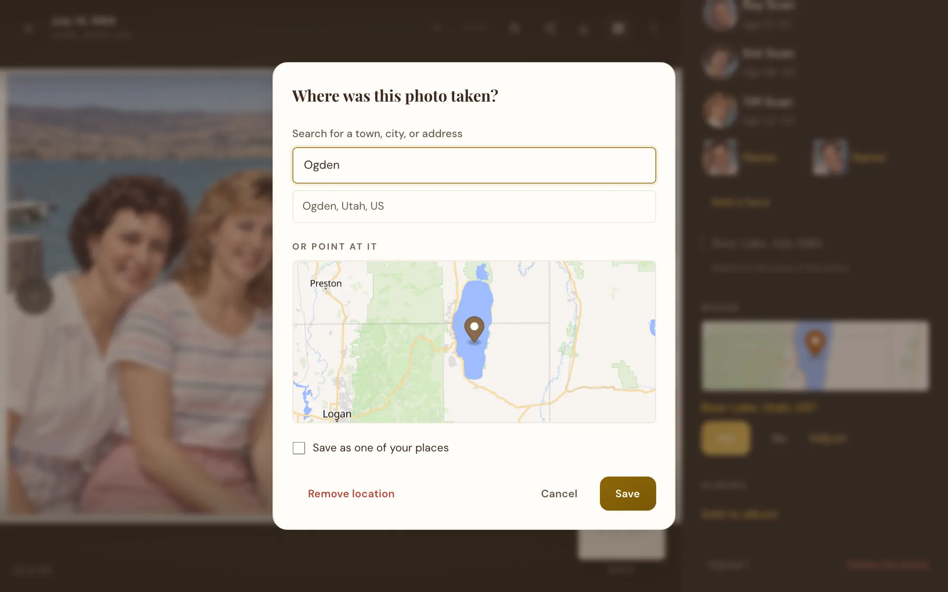The place picker with Ogden typed and the matching towns listed