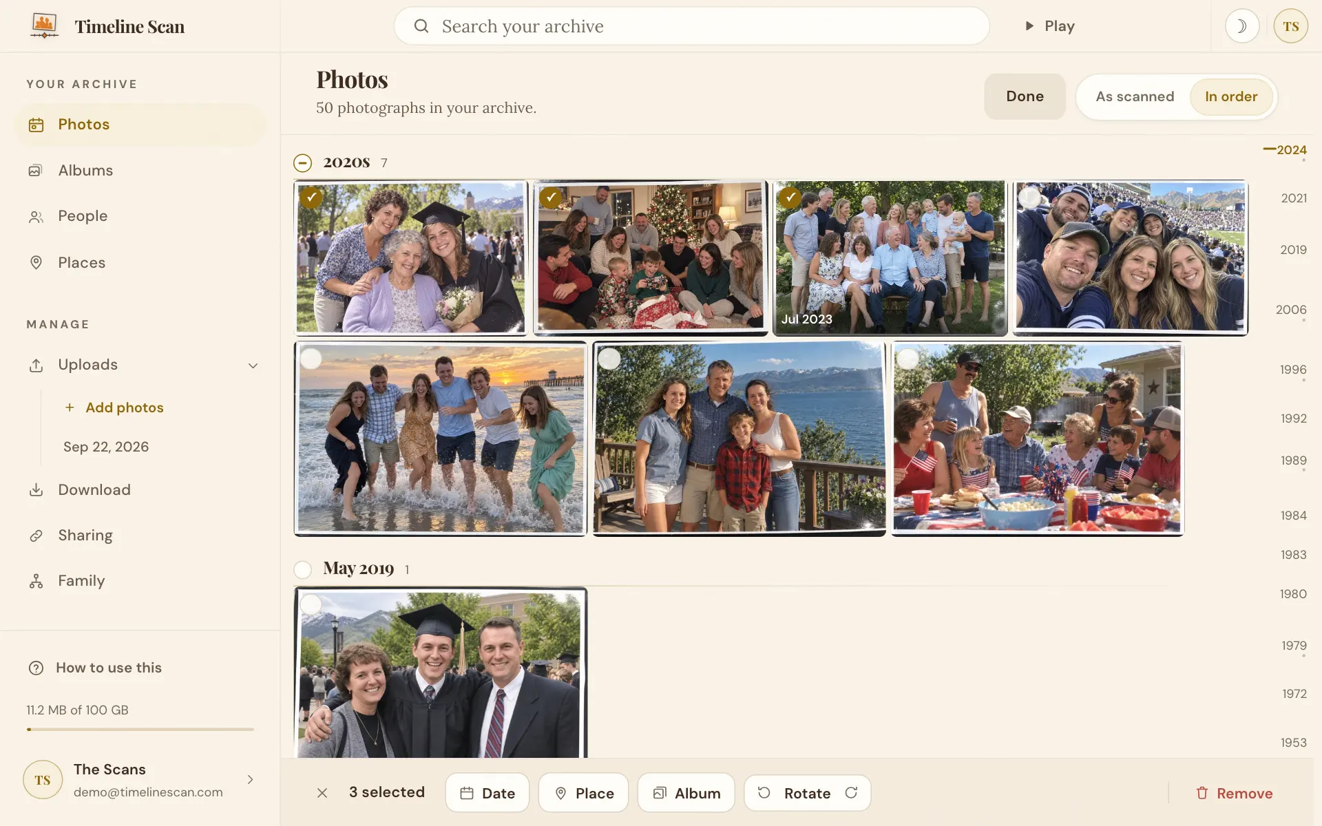 Three photos ticked with the Place button in the selection bar