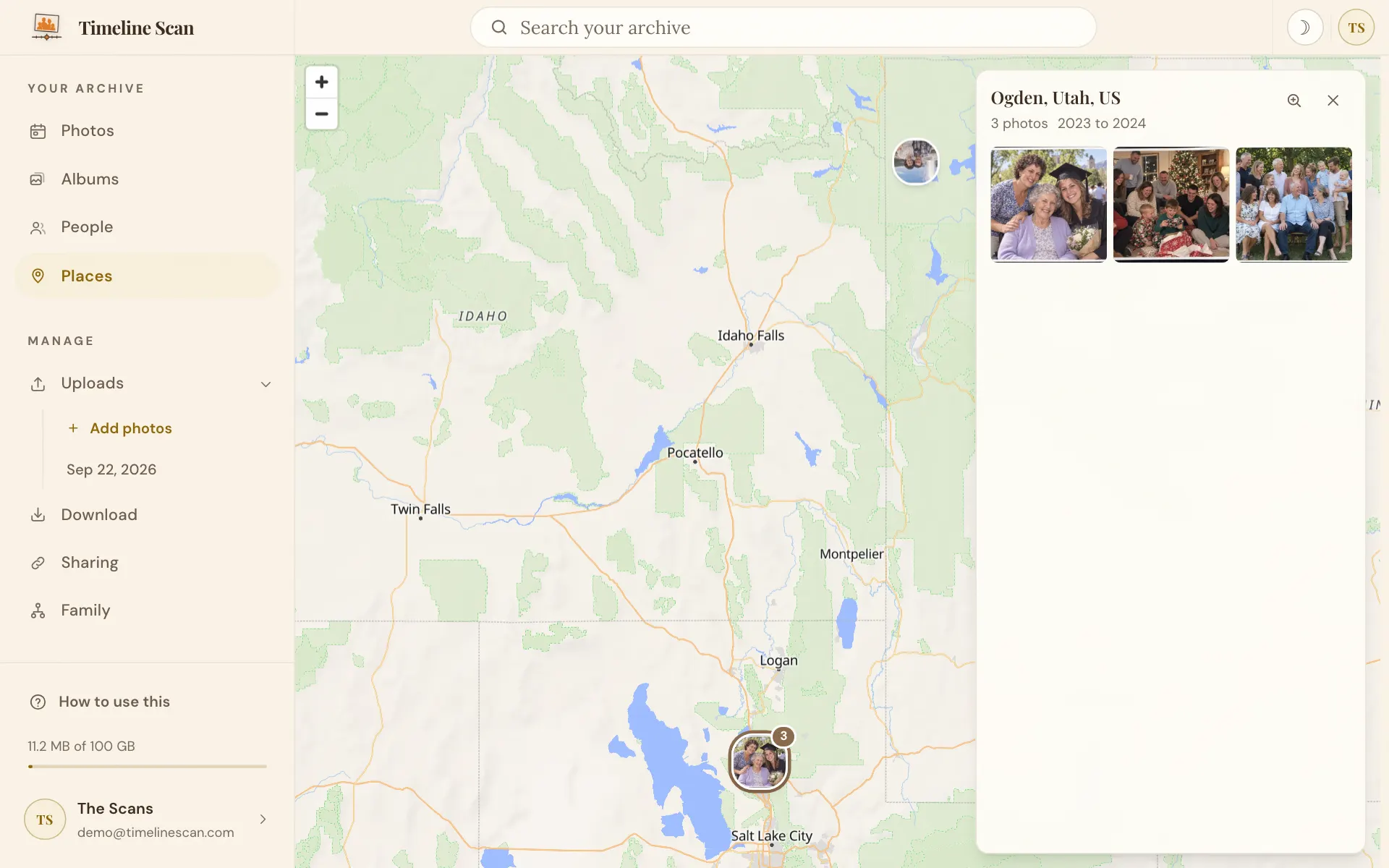 A map pin pressed, with the photos taken there listed beside it