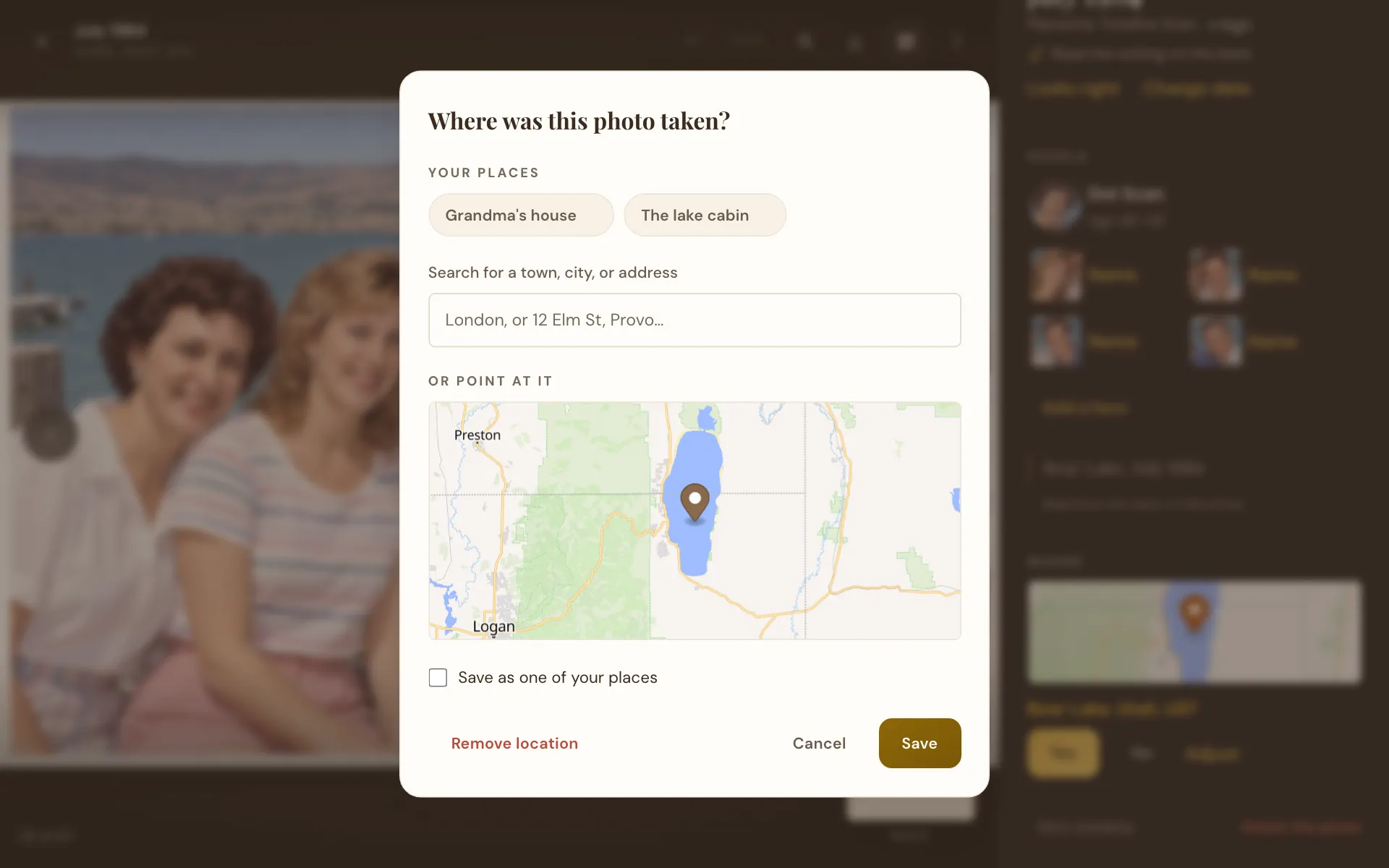 The place picker listing your saved places above the search box